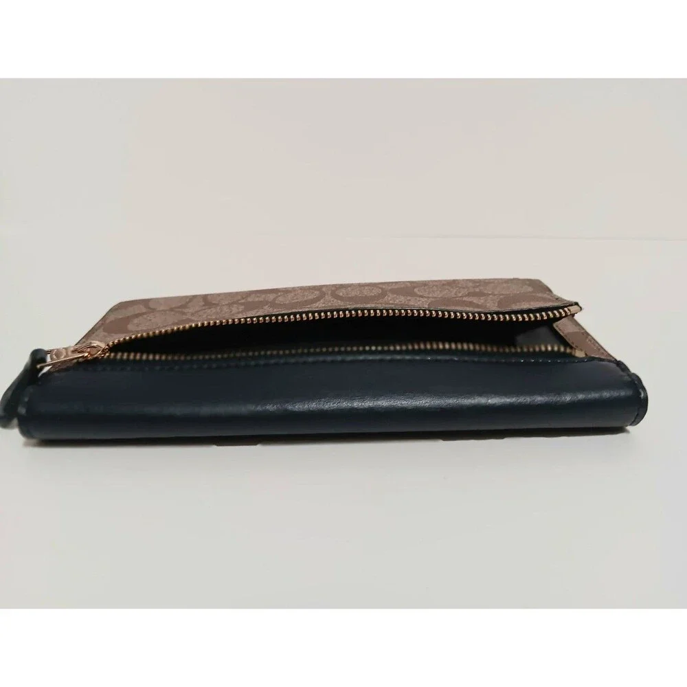 COACH Trifold Wallet Mid-Night Blue Leather / Signature Tan Canvas 88024